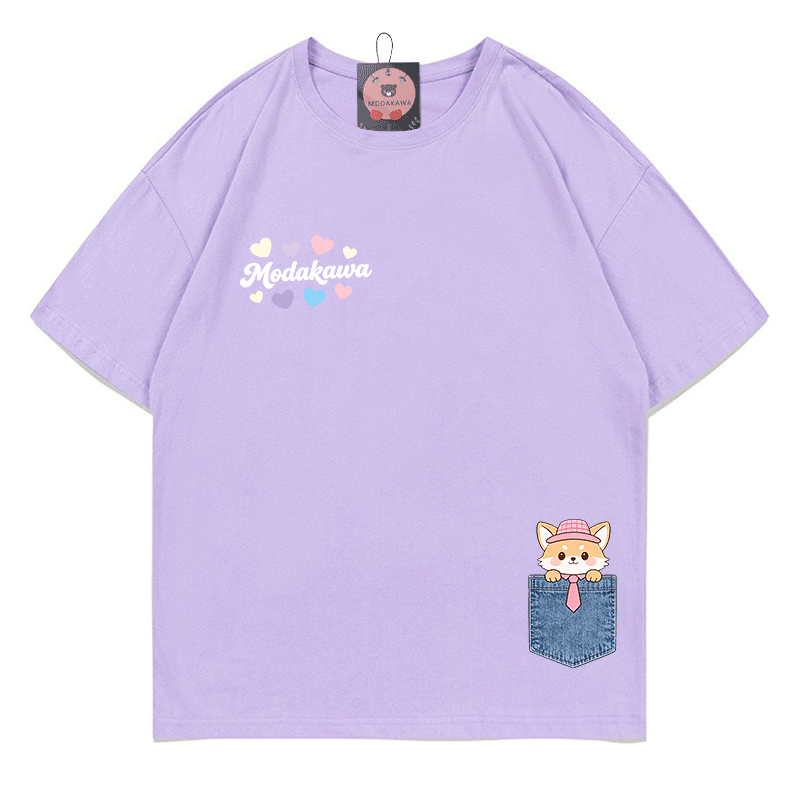 Pocket Fox Hearts Graphic Modakawa 100% Cotton T-shirt - Light Purple - 5XL - image 7