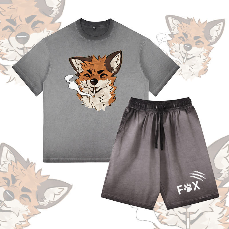 MODAKAWA X atka Smoking Fox Graphic Vintage Washed T-shirt FOX Letter Graphic Shorts Gradient Two Pieces Set - Grey - 5XL - image 3