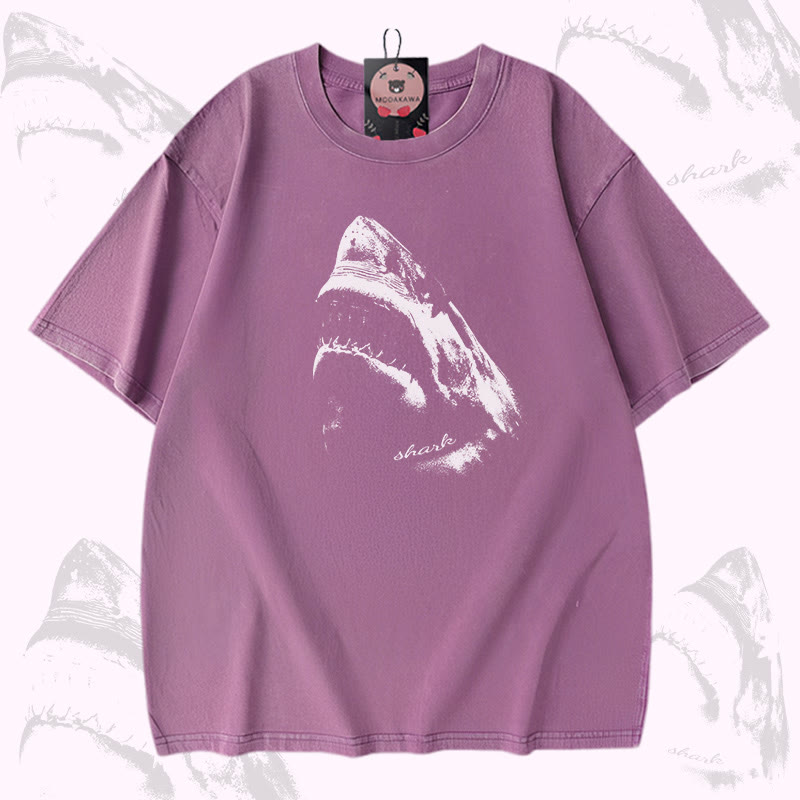 Open Mouth Shark Graphic Modakawa Unisex Vintage Washed T-shirt - Purple - 5XL - image 2