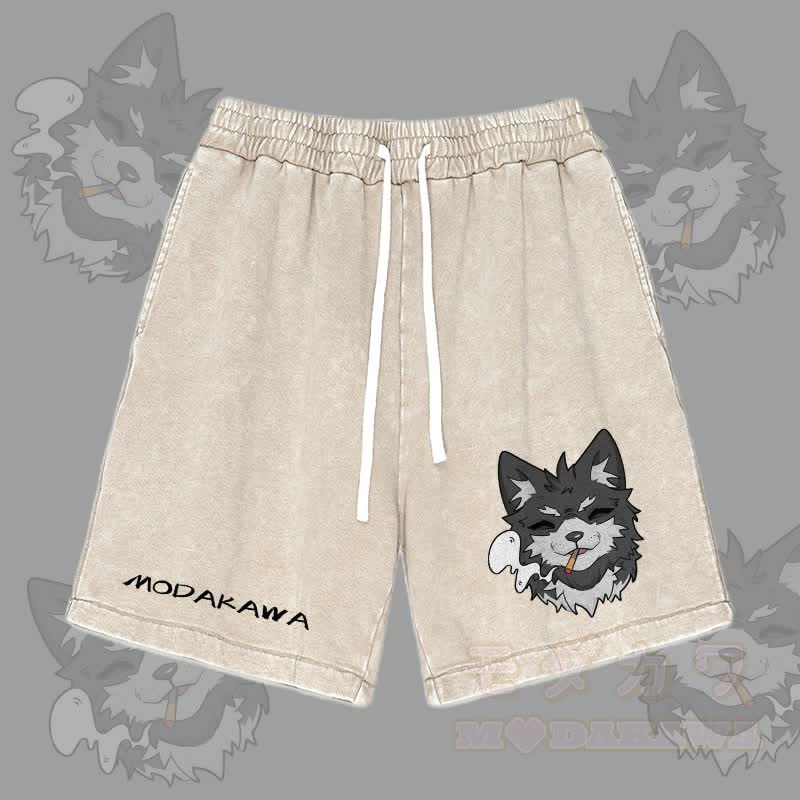 MODAKAWA Koda Smoking Graphic Vintage Washed Streetwear Shorts - Apricot - 3XL - image 3