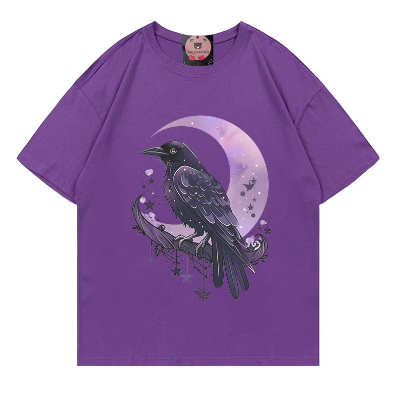 Bird Moon Print 100% Cotton Modakawa T-shirt - Purple - 5XL - image 4