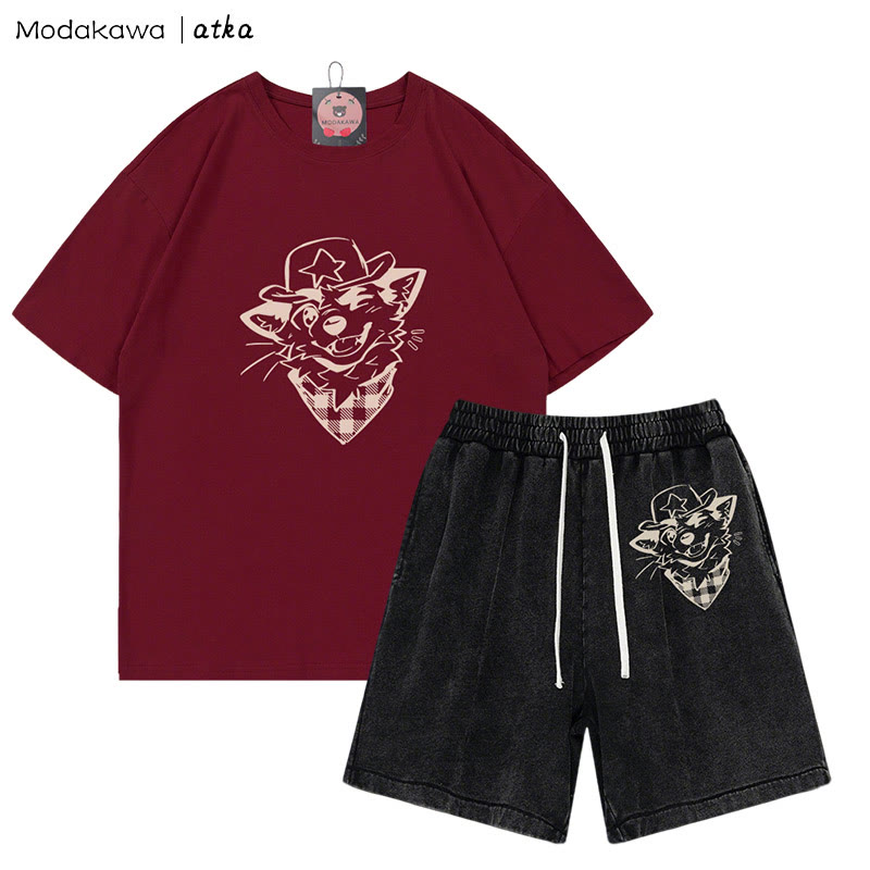 MODAKAWA X atka Cowboy Fox Winking Graphic T-shirt Vintage Washed Shorts Two Pieces Set - Red&Black - 3XL - image 10