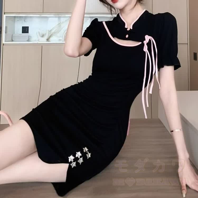 Black Chinese Style Bow Detail Mini Dress - image 5