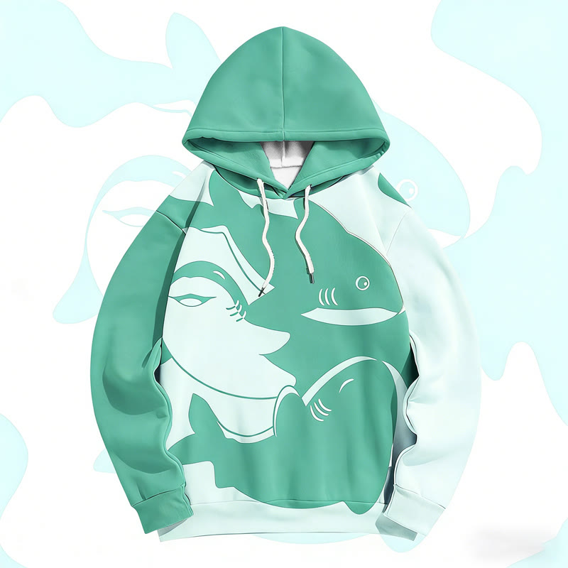 MODAKAWA Shark Graphic Color Block All Over Print Pullover Hoodie - Green - 6XL - image 3