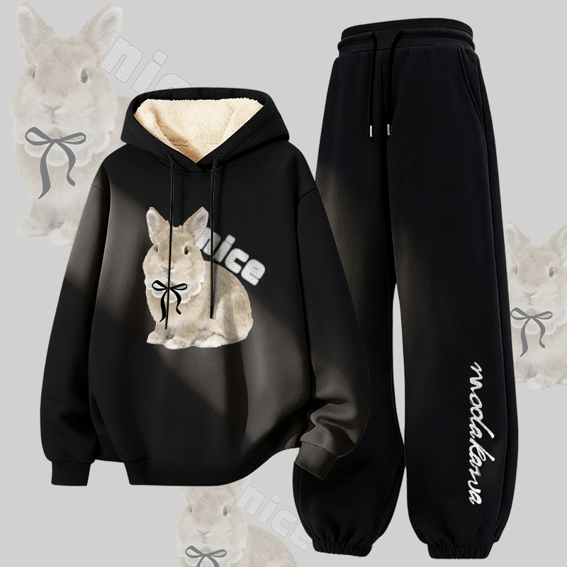 MODAKAWA NICE Bow Bunny Graphic Thick Fleece Lined Hoodie Pants Two Pieces Set - Black - 5XL - image 4
