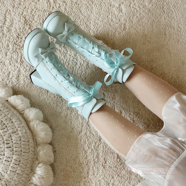 Chic Ruffle Bow Platform Lolita Boots - Blue - 48(Custom) - image 20