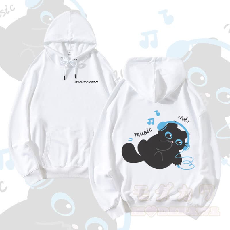 MODAKAWA Black Cat Listening to Music Graphic Cotton-Blend Matching Hoodie - White - 5XL - image 3