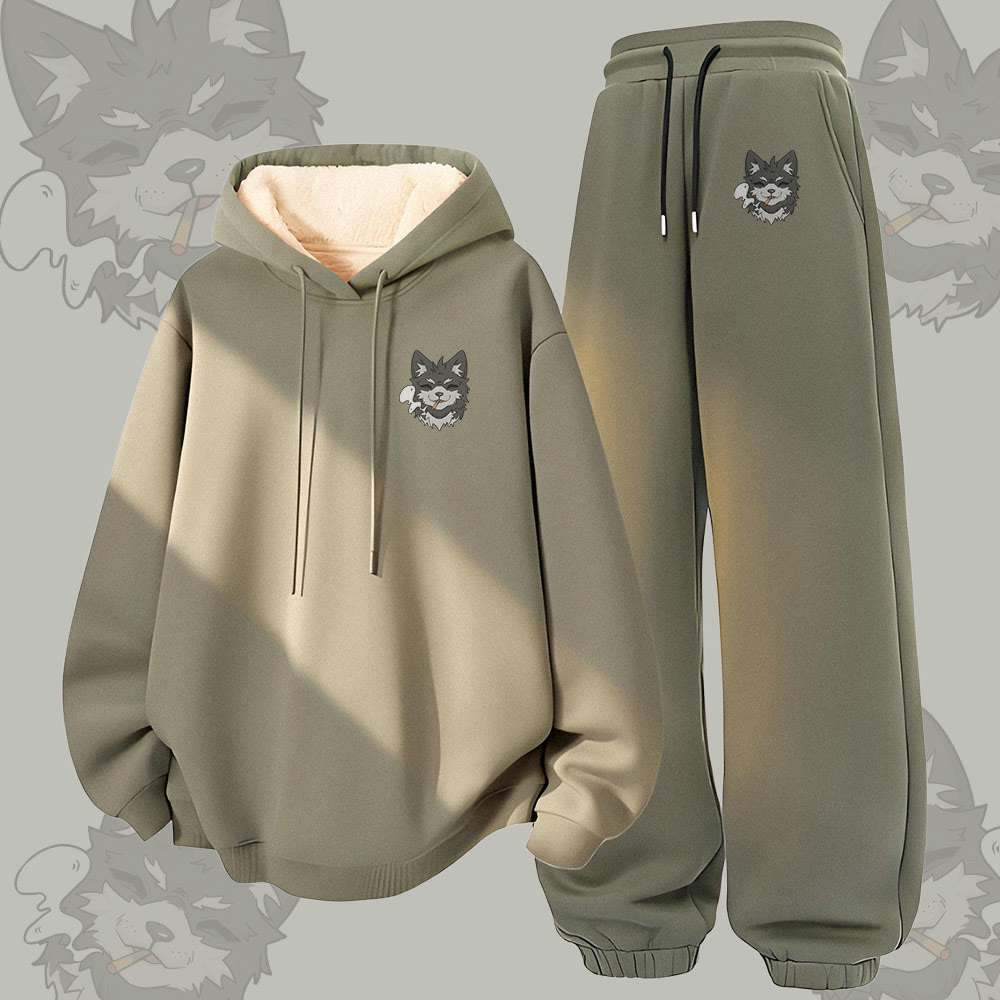 MODAKAWA Koda Smoking Graphic Thick Fleece Lined Hoodie Pants Two Pieces Set - Green - 5XL - image 3