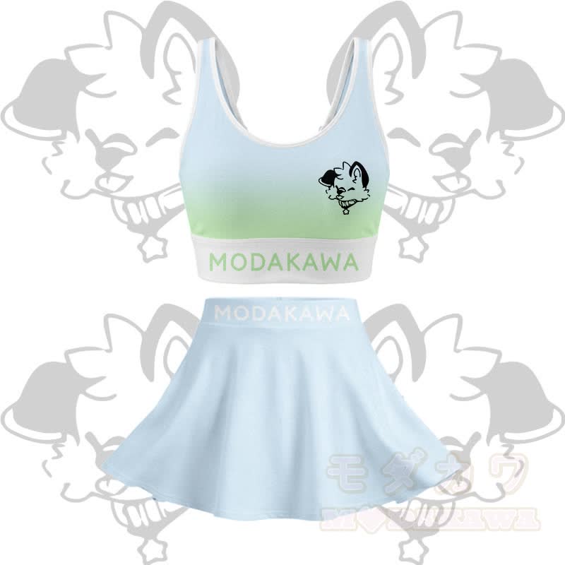 MODAKAWA X popipeko Puppy Graphic Modakawa Crop Tank Sport Top Skirt Matching Outfit - Blue & Green Set - 2XL - image 12