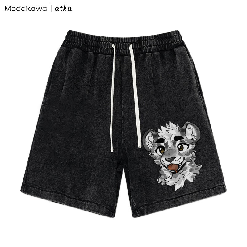 MODAKAWA X atka Cheeky Tiger Face Graphic Vintage Washed Shorts - Black - 3XL - image 3