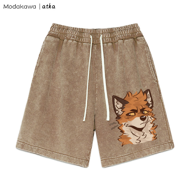 Cheeky Fox Face Graphic Vintage Washed Shorts - Brown - 3XL - image 4