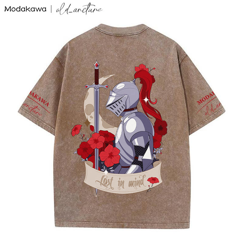 MODAKAWA X  old_arcture LOST IN MIND Rose Knight Print Vintage Washed T-shirt - Brown - 5XL - image 4