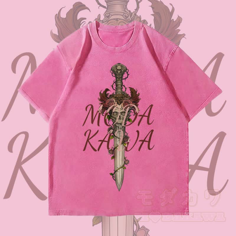 MODAKAWA Gothic Skull Rose Sword Graphic Unisex Vintage Washed T-Shirt - Rose Red - 4XL - image 3