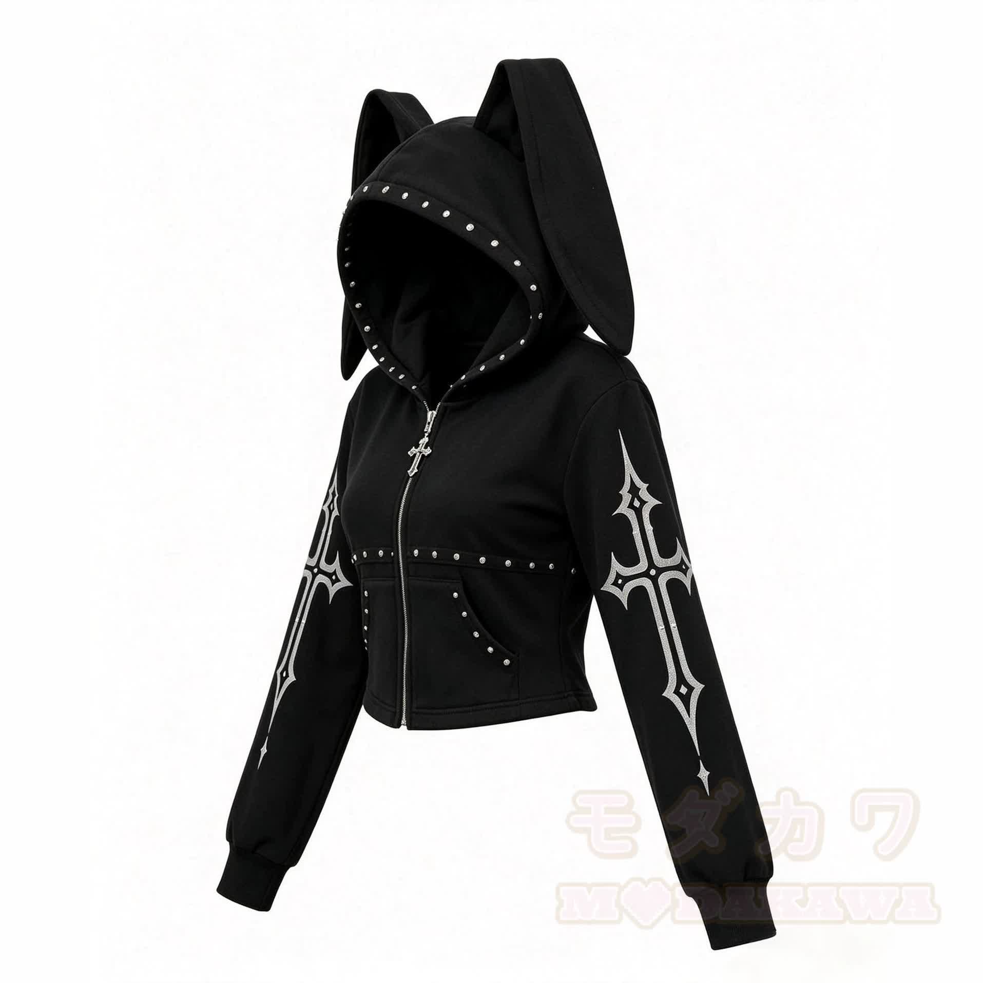 Dark Gothic Bunny Studded Zip-Up Hoodie - image 4