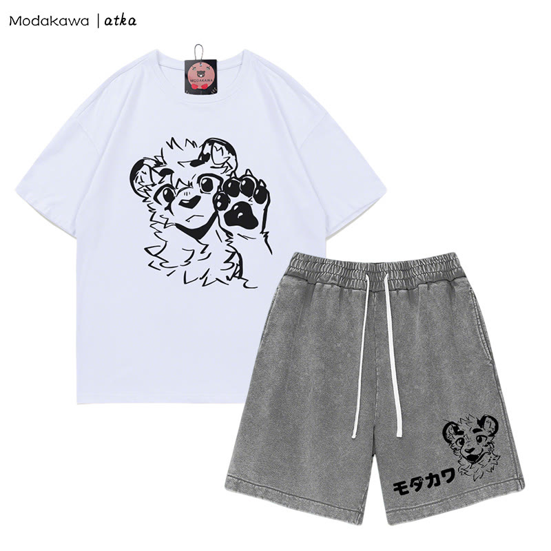 MODAKAWA X atka Tiger Print T-shirt Vintage Washed Shorts Two Pieces Set - White&Grey - 3XL - image 6