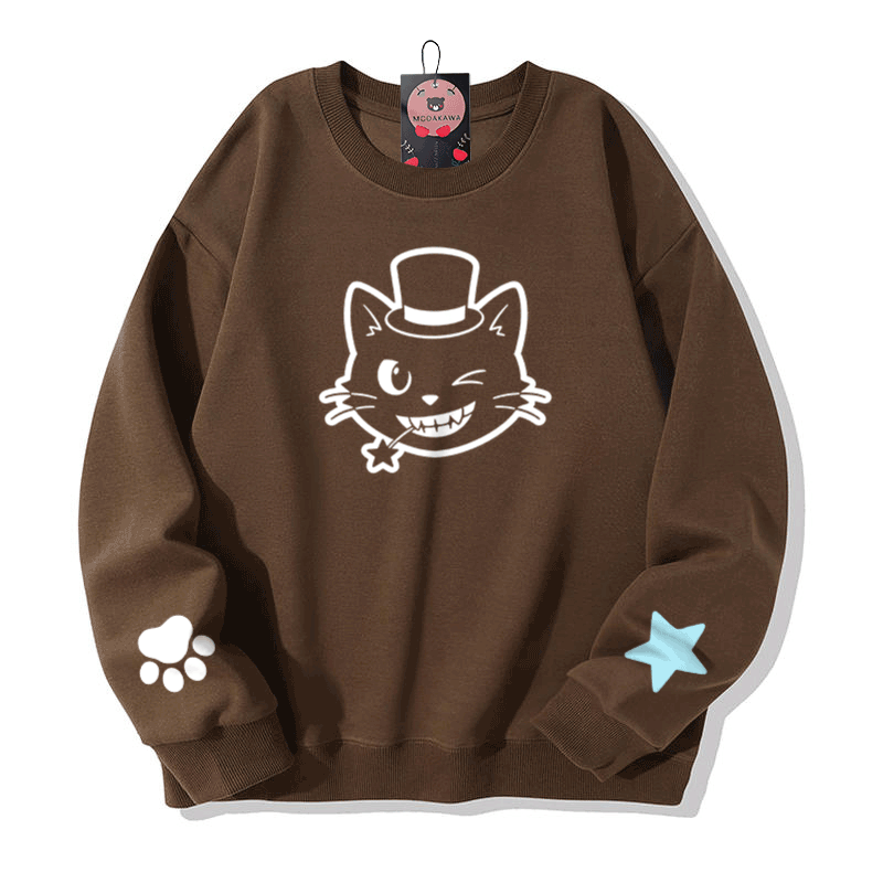 Cat Hat Graphic Modakawa Sweatshirt - Brown - 5XL - image 4