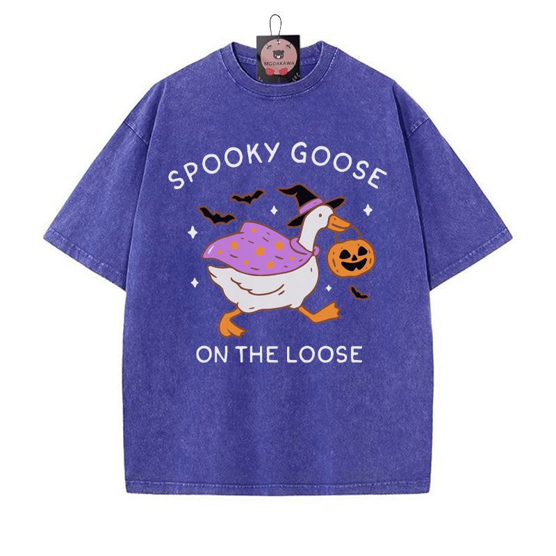 SPOOKY GOOSE ON THE LOOSE Halloween Graphic Unisex Vintage Washed T-Shirt - Blue - 5XL - image 3