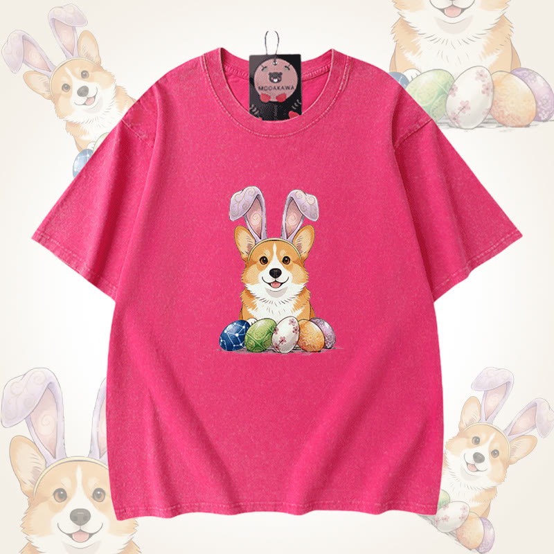 Easter Egg Puppy Graphic Modakawa Unisex Vintage Washed T-shirt - Rose Red - 5XL - image 9