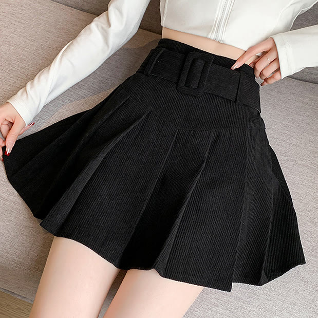 Chic Corduroy Belted Pleated Skirt - Black - XL - image 7