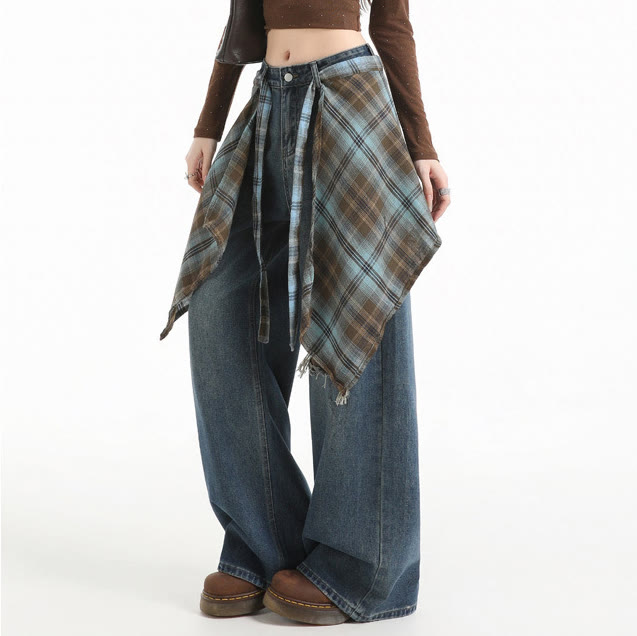Vintage Wide Leg Ripped Jeans with Plaid Strap - image 4