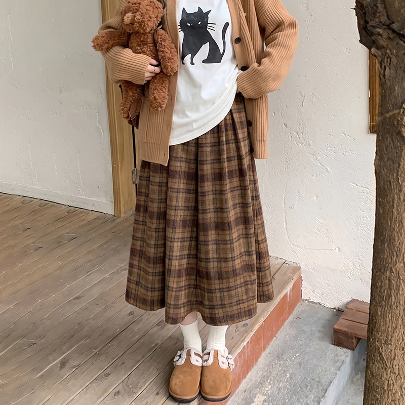 Vintage Wool Plaid Midi Skirt - Khaki - XL - image 7