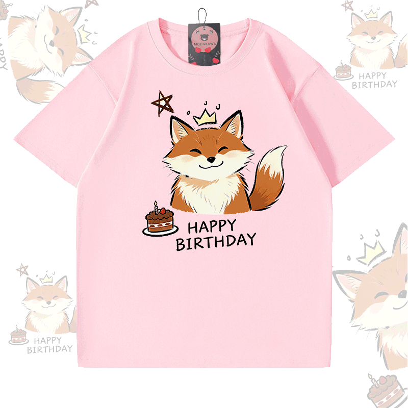 HAPPY BIRTHDAY Fox Graphic Modakawa 100% Cotton T-shirt - Light Pink - 5XL - image 5