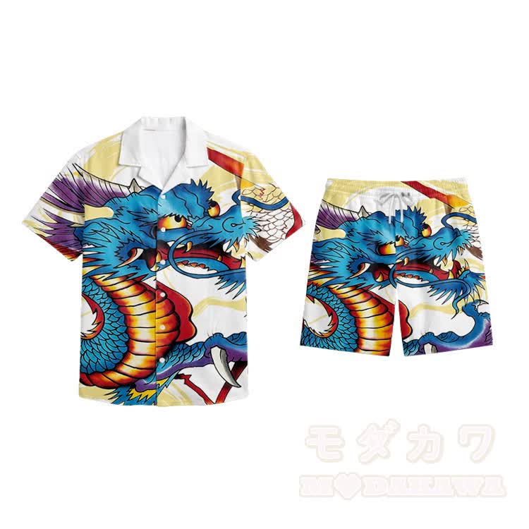 Printed Modakawa Shirt & Shorts Vacation Set - Blue F - 5XL - image 10