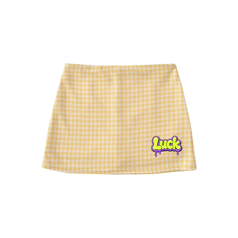 LUCK Graphic Modakawa High Waist Gingham A-Line Mini Skirt - Yellow - M - image 5
