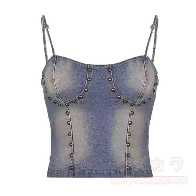 Vintage Denim Rivet Cami Top Irregular Ruffled Skirt Two Pieces Set - Top - XL - image 9
