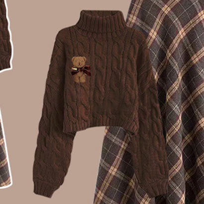 Maillard Knit Sweater and Plaid Skirt Two Pieces Set - Coffee Sweater - XL - image 11
