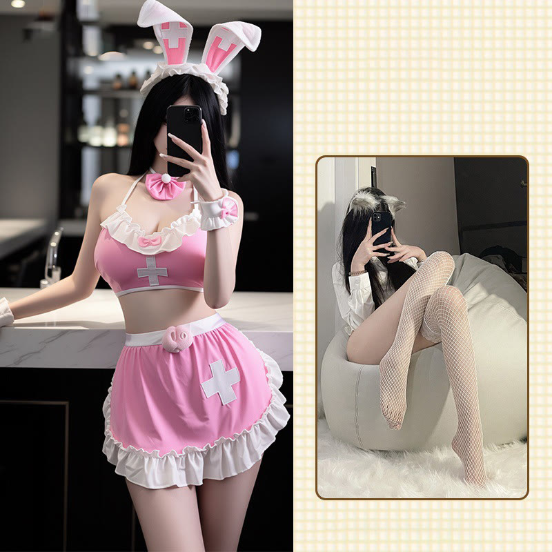 Pink Sexy Bunny Costume Lingerie - Headband+Chocker+Bracelet+Lingerie+Thong+White Fishnet Stockings - One Size - image 4