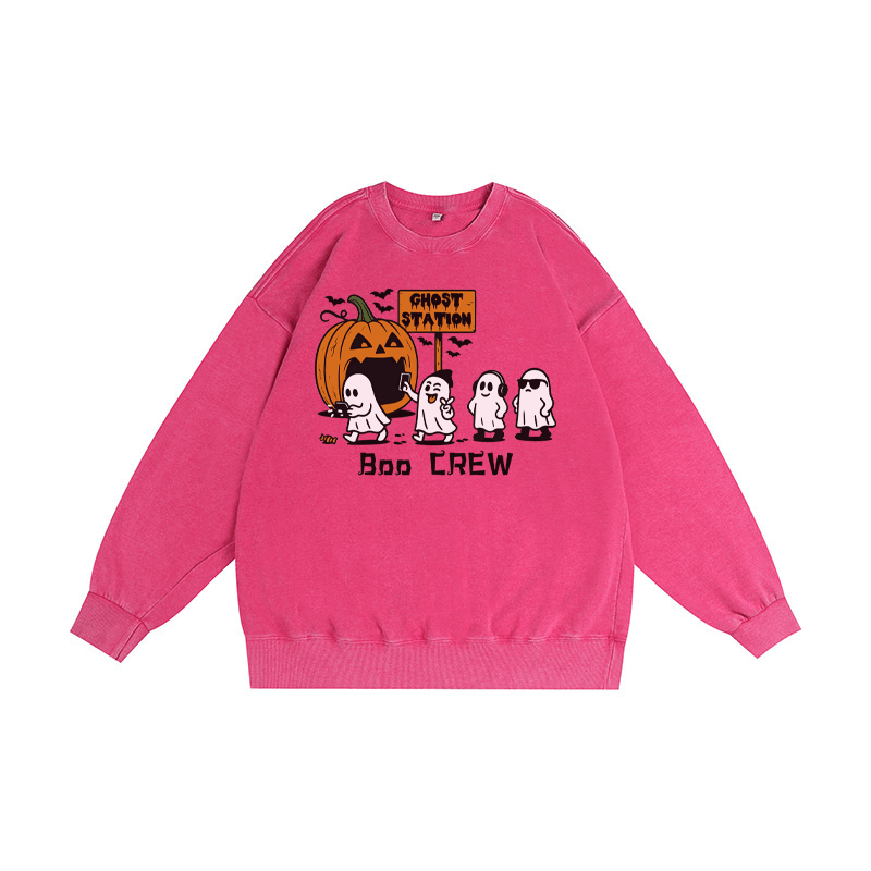 BOO CREW Unisex Vintage Washed Sweatshirt Ghosts Pumpkin Halloween Graphic Crewneck Pullover - Rose Red - 3XL - image 5