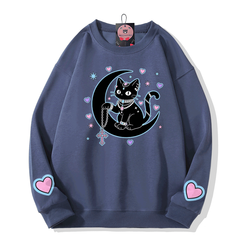 Astrology Black Cat Graphic Modakawa Sweatshirt - Dusty Blue - 5XL - image 6