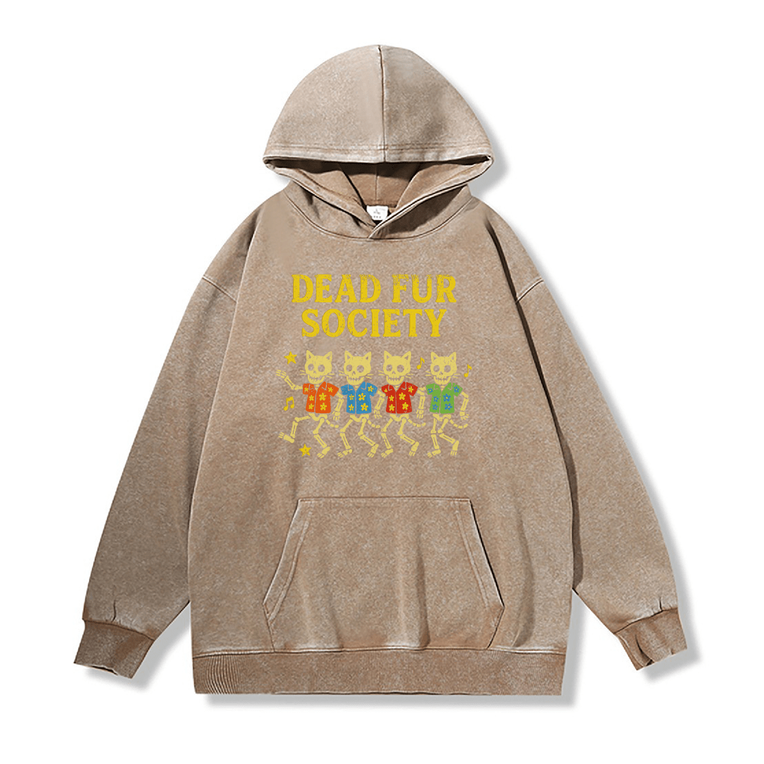 DEAD FUR SOCIETY Unisex Vintage Washed Hoodie Skull Cat Graphic Pullover - Khaki - 2XL - image 3
