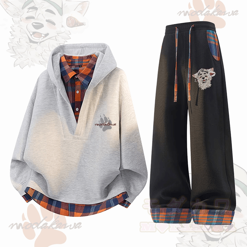 MODAKAWA X atka Fox Wants Meat Graphic Plaid Hoodie Pants Two Pieces Set - Grey & Black - 3XL - image 3