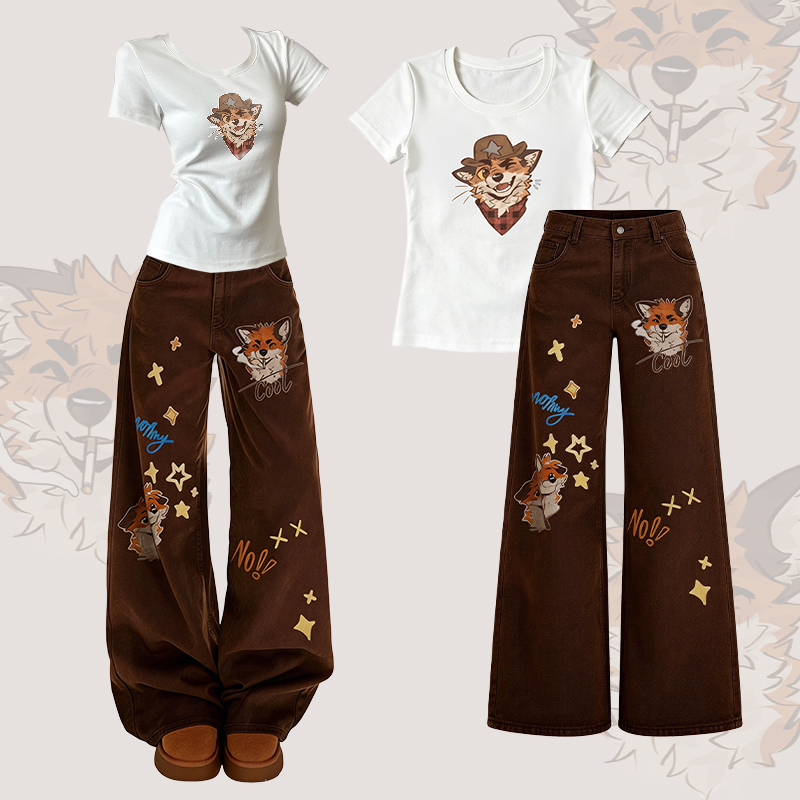 MODAKAWA X atka NO Smoking Fox Graphic T-shirt Denim Pants Matching Outfit - Set D - XL - image 4