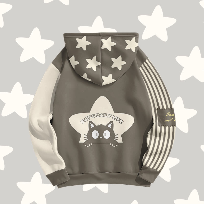 MODAKAWA Stripe Star Cat Graphic All Over Print Pullover Hoodie - image 3