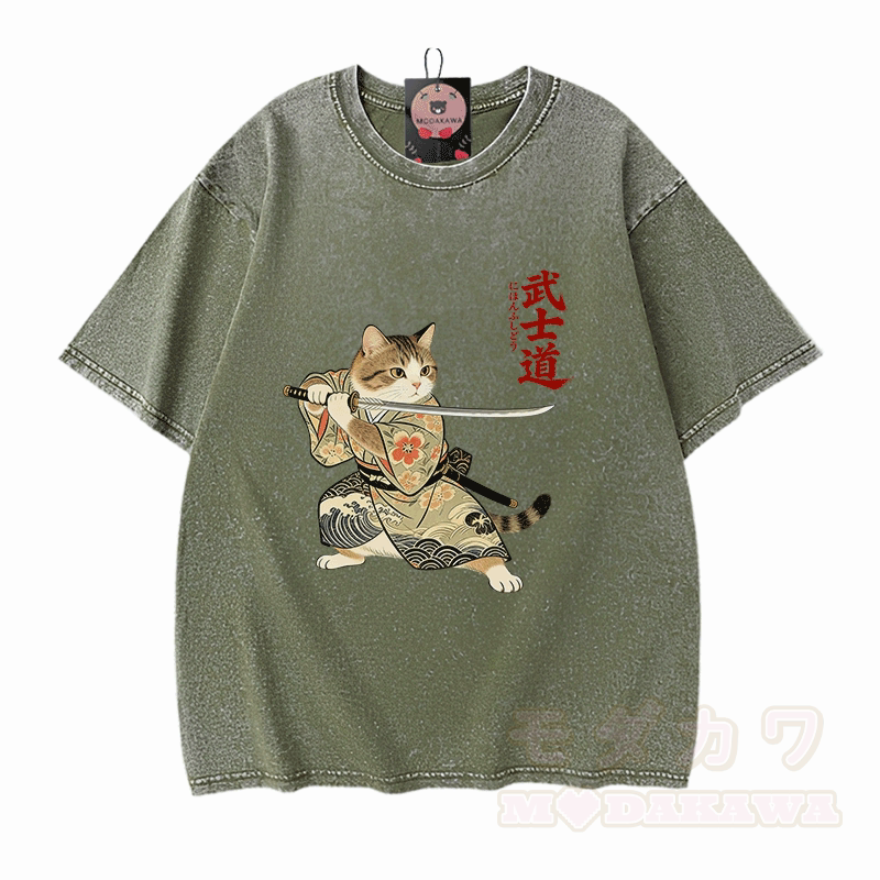 Samurai Cat Graphic Modakawa Vintage Washed 100% Cotton T-shirt - Green - 5XL - image 8