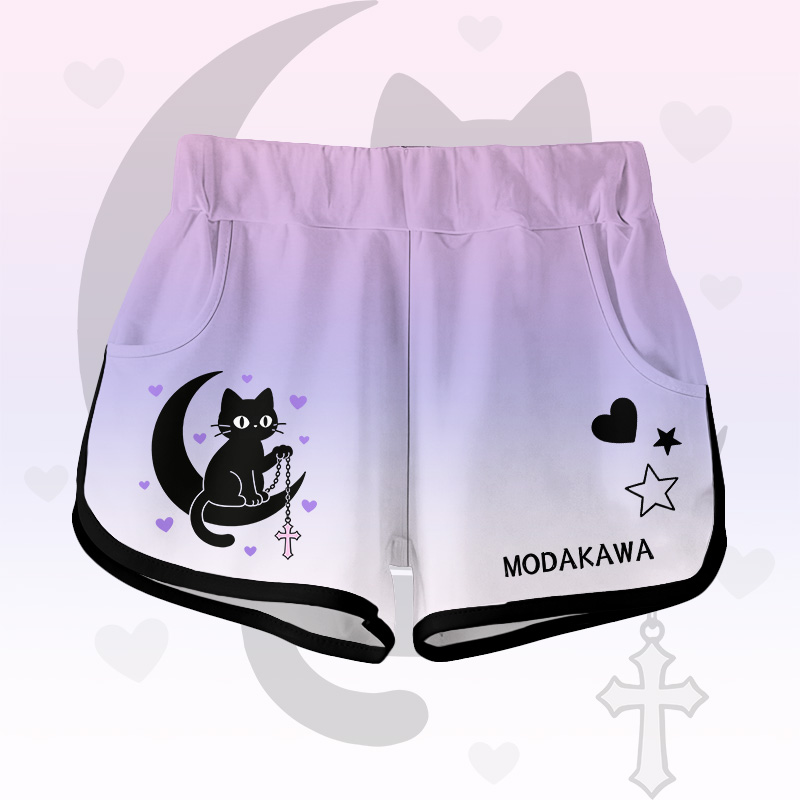 Gradient Black Cat Moon Graphic Modakawa Shorts - Purple - 5XL - image 8