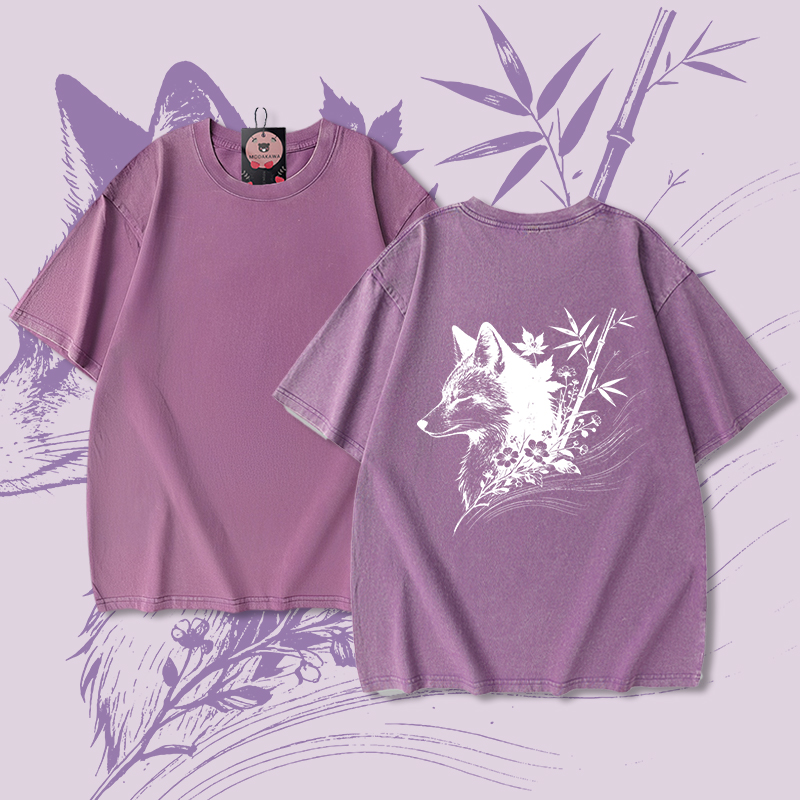 Bamboo Fox Graphic Modakawa Unisex Vintage Washed T-shirt - Purple - 5XL - image 4