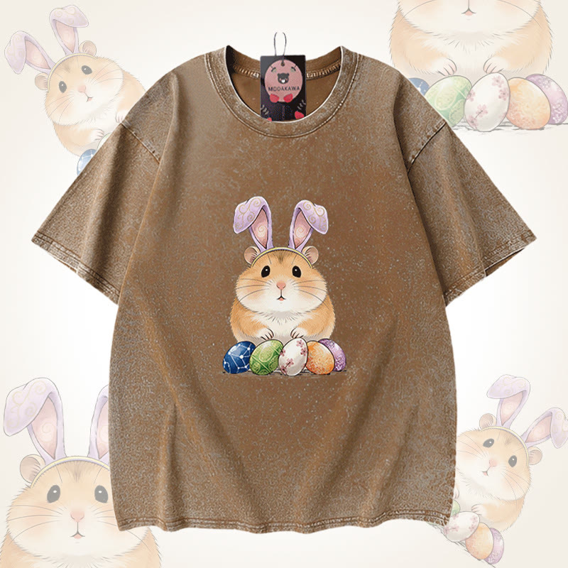 Easter Egg Hamster Graphic Modakawa Unisex Vintage Washed T-shirt - Brown - 5XL - image 4