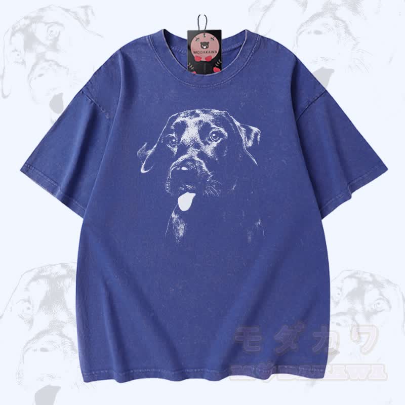 Puppy Tongue Graphic Modakawa Vintage Washed 100% Cotton T-shirt - Blue - 5XL - image 3