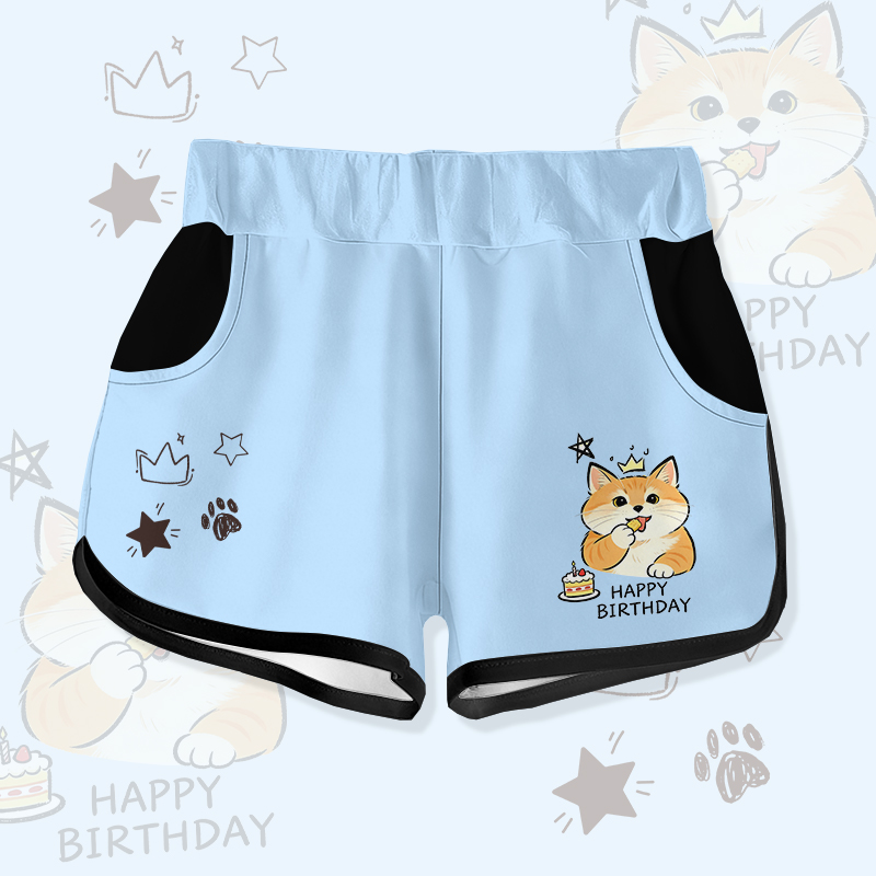 HAPPY BIRTHDAY Cat Cake Graphic Modakawa Shorts - Blue - 5XL - image 3