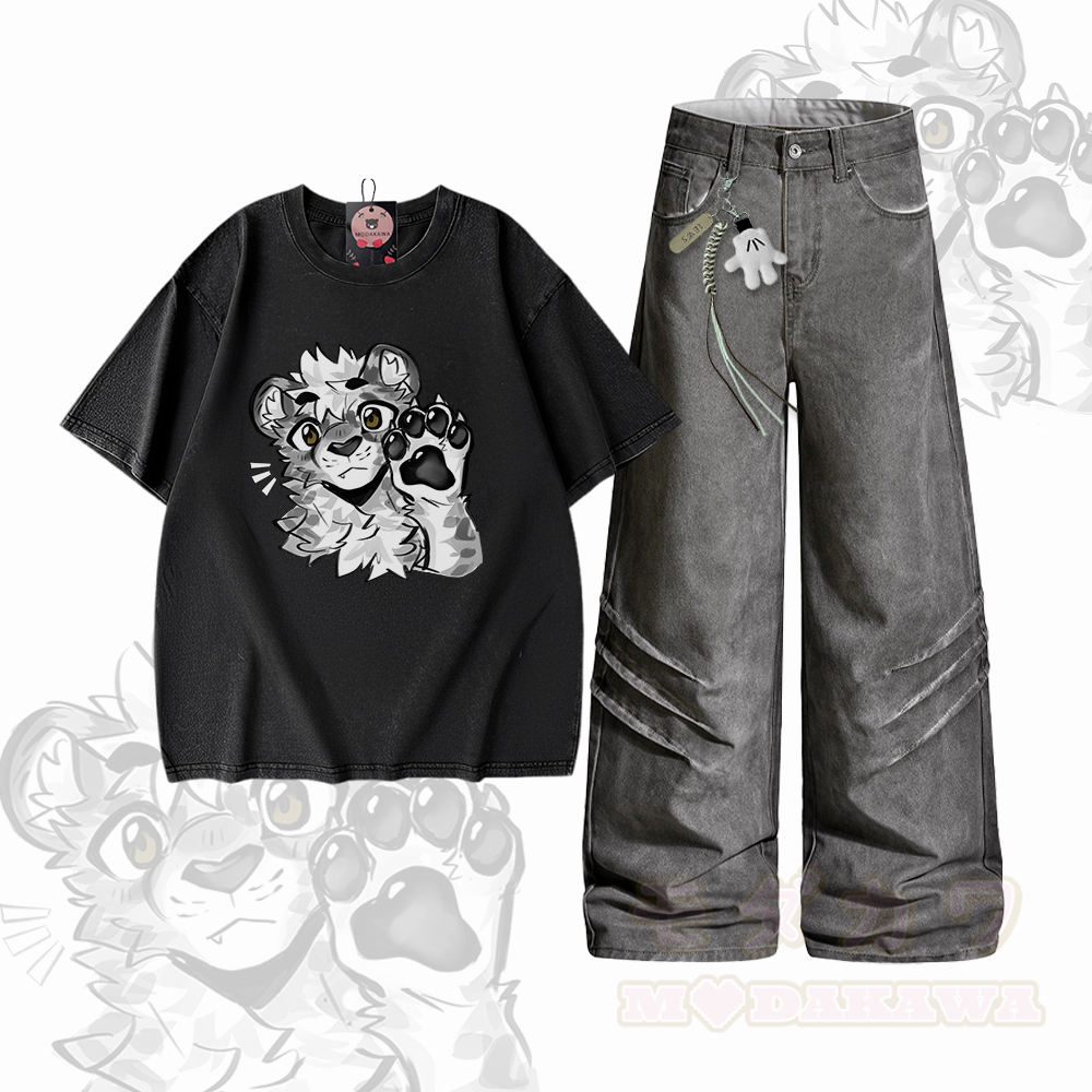 MODAKAWA X atka Leopard Graphic Vintage Washed 100% Cotton T-shirt Denim Pants Two Pieces Set - Set C - 2XL - image 3