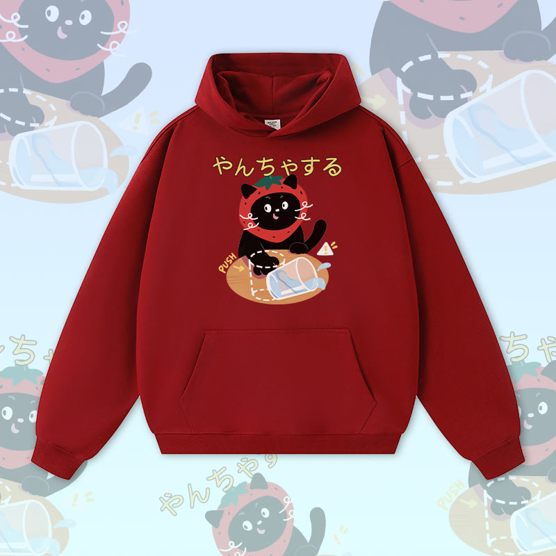 Strawberry Cat Graphic Modakawa Warm Thick Hoodie - Red - 3XL - image 4