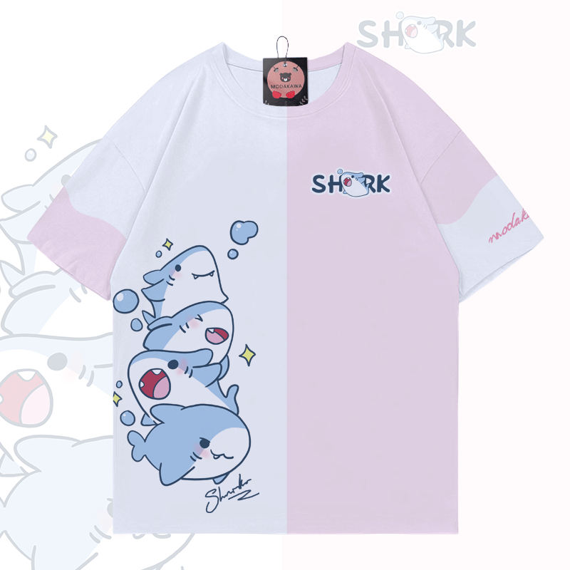 Playful Shark Graphic Modakawa Color Block T-shirt - White & Pink - 5XL - image 2