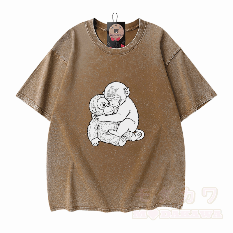 Monkey Hug Graphic Modakawa Vintage Washed 100% Cotton T-shirt - Brown - 5XL - image 7
