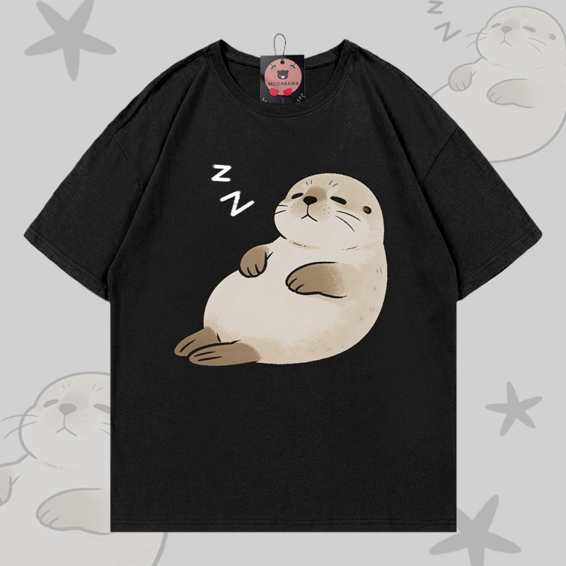 Sleeping Sea Otter Graphic Modakawa 100% Cotton T-shirt - Black - 5XL - image 3