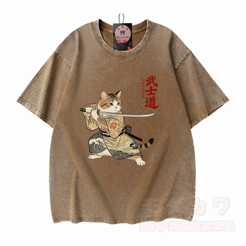 Samurai Cat Graphic Modakawa Vintage Washed 100% Cotton T-shirt - Brown - 5XL - image 7