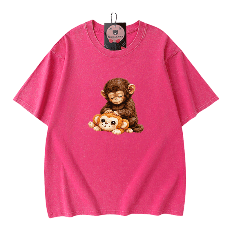 PUNCH Monkey Graphic Modakawa Vintage Washed 100% Cotton T-shirt - Rose Red - 5XL - image 6